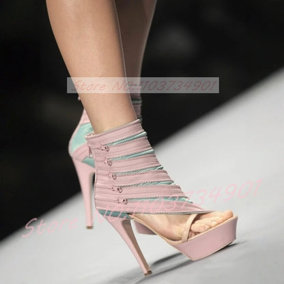 Multi Zipper Platform Hollow Ankle Boots Women Pink Splicing Open Toe High Heels Booties Ladies Party Fashion Boots