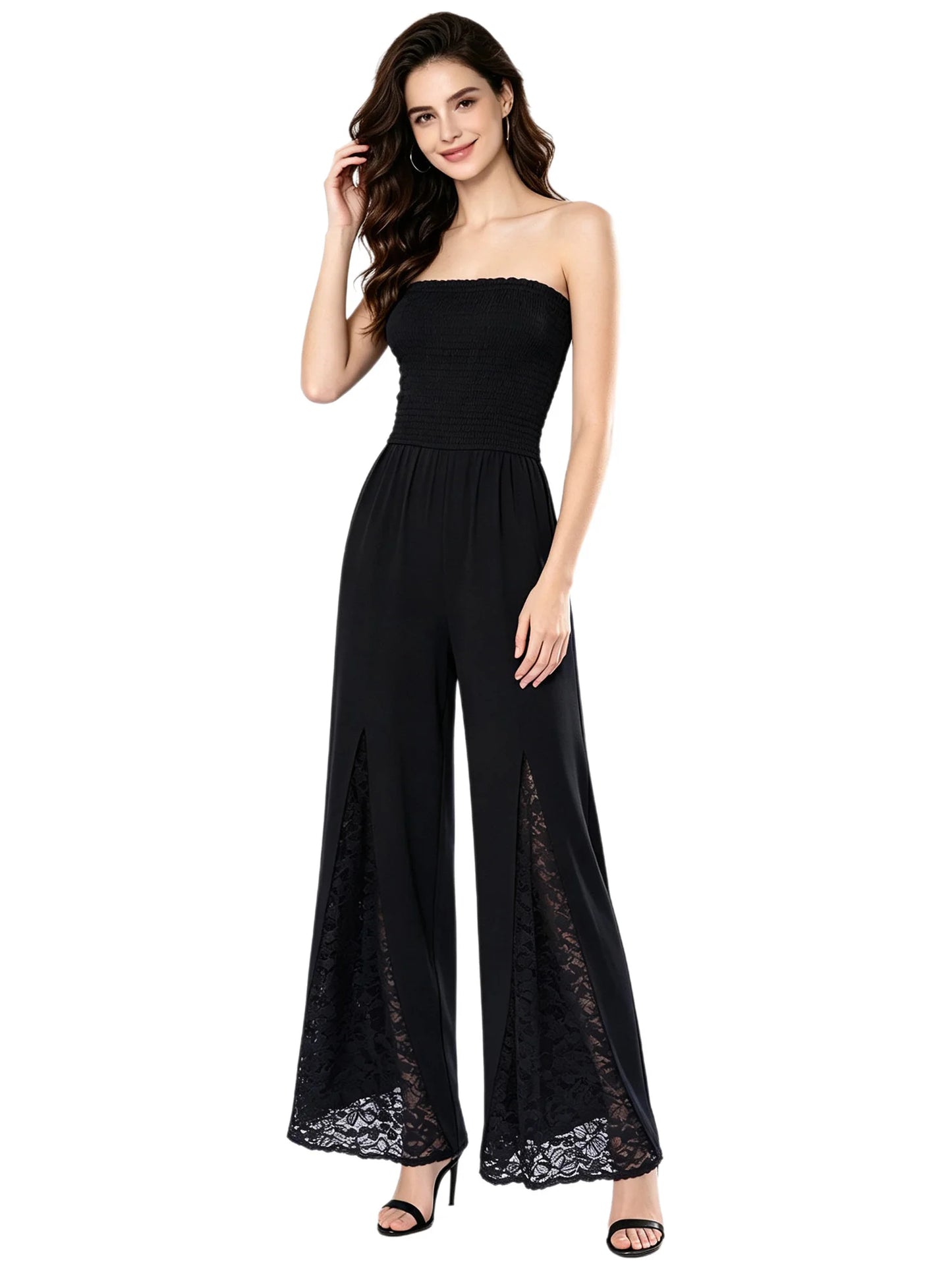 Women Strapless Jumpsuit Bandeau Elastic Bodice Sheer Floral Lace Patchwork Wide Leg Romper for Beach Vacation Party