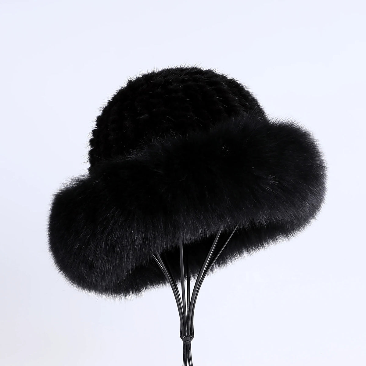 Women's Winter Warm Genuine Premuim Mink Fur Knitted Bucket Hat Furry Real Fur Caps Big Fox Fur Trim Brim Adjustable