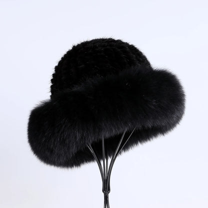 Women's Winter Warm Genuine Premuim Mink Fur Knitted Bucket Hat Furry Real Fur Caps Big Fox Fur Trim Brim Adjustable