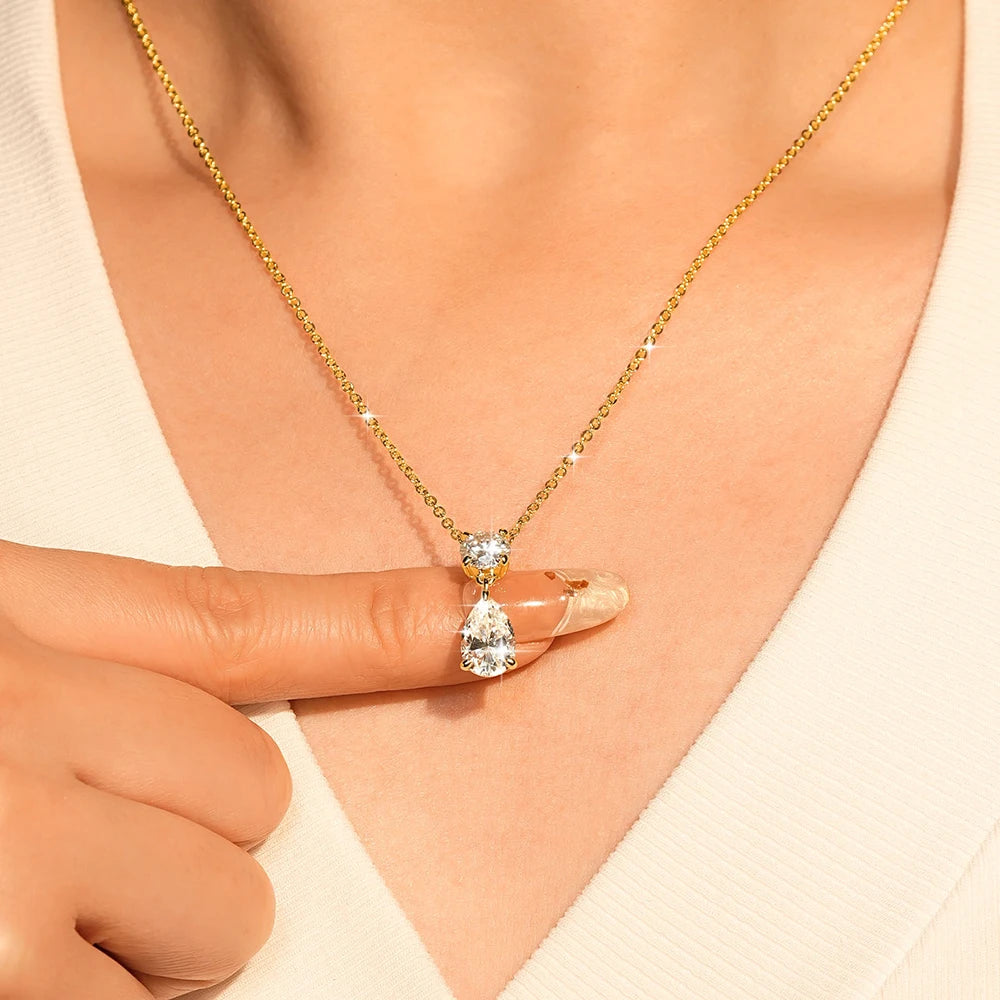 Celestinova 2.5ct GRA Pear Teardrop Moissanite Pendant Necklace Two-Stone Zircon 14K Gold Plated Jewelry for Women