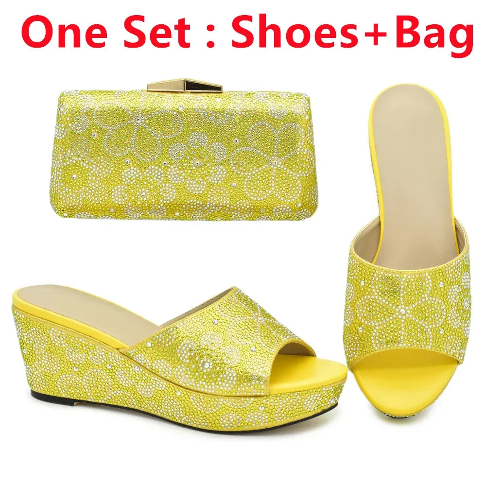 Classics Design Nigerian Women Shoes Matching Bag Set with Shinning Crystal Wedges Shoes for Women Italian Women Party Pumps