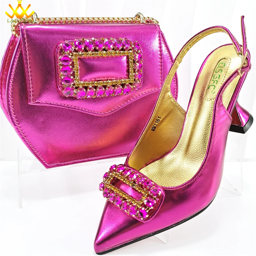 2024 Latest Nigerian Design Italian Women's Comfortable Heels Pointed Toe Sandals Wedding Party Gold Color Shoes and Bags Set