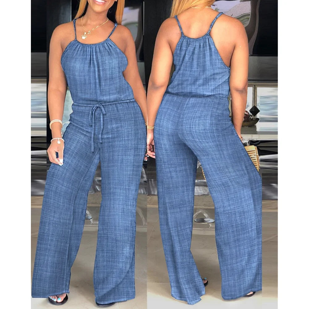 Women's Casual Solid Color Wide Leg Straight Overalls Summer Sleeveless Spaghetti Strap Drawstring Waist Jumpsuits