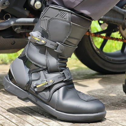 Men's Leather Motorcycle Riding Boots, Breathable Lining, Durable & Comfortable Anti-Slip Motorbike Shoes for Street Riding