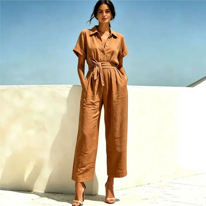 2026 Women's Shirts And Jumpsuits Fashion V-neck Lace Up Wide Legs Summer Casual Resort Female Short Sleeve Rompers Shirts Pants