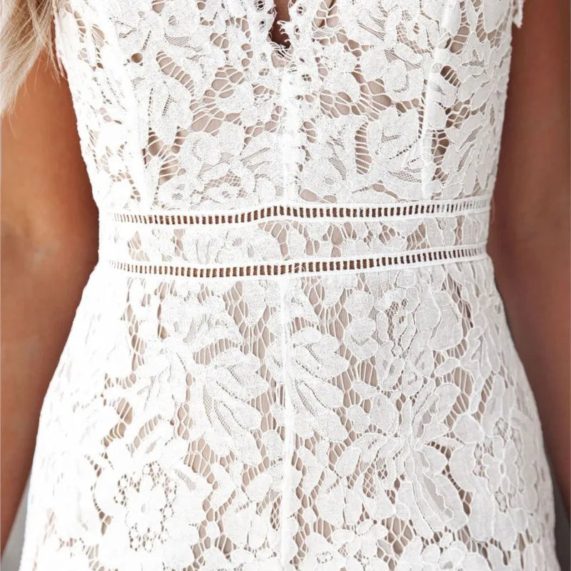 Ladies Elegant Jumpsuits Spaghetti Straps V-Neck Solid Lace Backless Sexy Jumpsuit For Women Simple White Slim Office Rompers