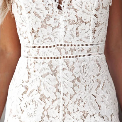 Ladies Elegant Jumpsuits Spaghetti Straps V-Neck Solid Lace Backless Sexy Jumpsuit For Women Simple White Slim Office Rompers