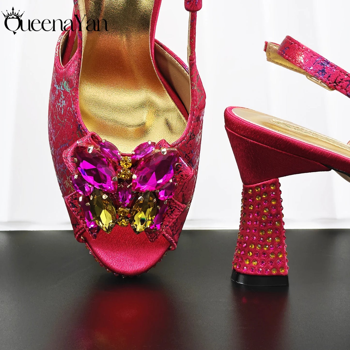 Print Design Mature Style Fuchsia Color Essential for Banquets, Exquisite HandBag with Sexy High-Heeled Peep Toe Lady Shoes