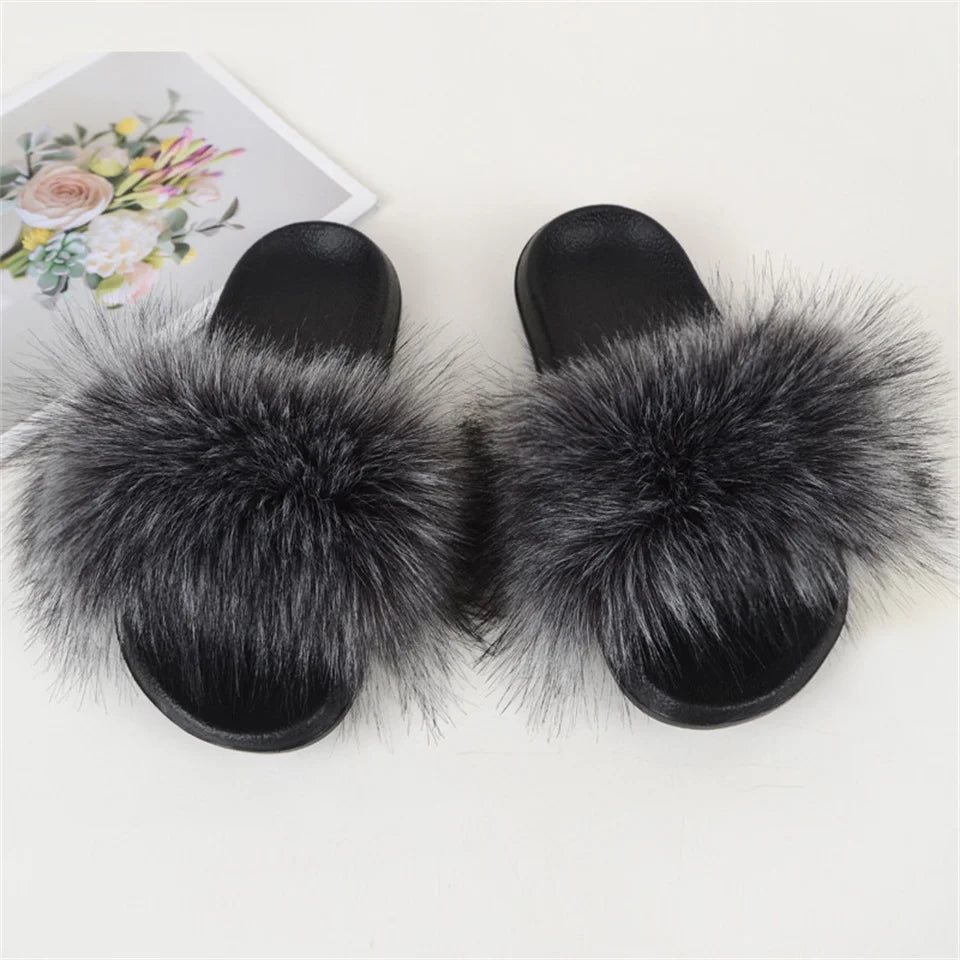 Women's Summer Faux Fur Fox Fur Slippers Fashion Luxury Indoor and Outdoor Non-Slip Solid Color Flat Bottom Furry Sandals
