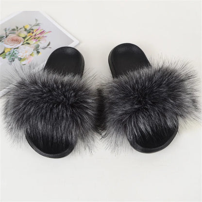 Women's Summer Faux Fur Fox Fur Slippers Fashion Luxury Indoor and Outdoor Non-Slip Solid Color Flat Bottom Furry Sandals
