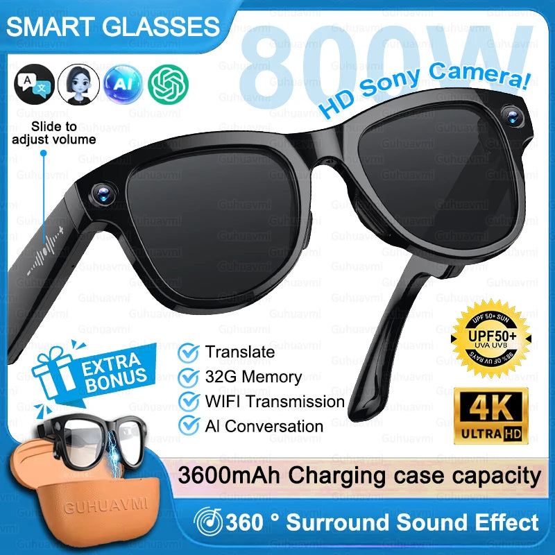 Smart Glasses M02 Ultra 2026 AI ChatGPT 1080P HD Camera 3600mAh Power Bank Charging Case 32GB Music Video Translation Sunglasses
