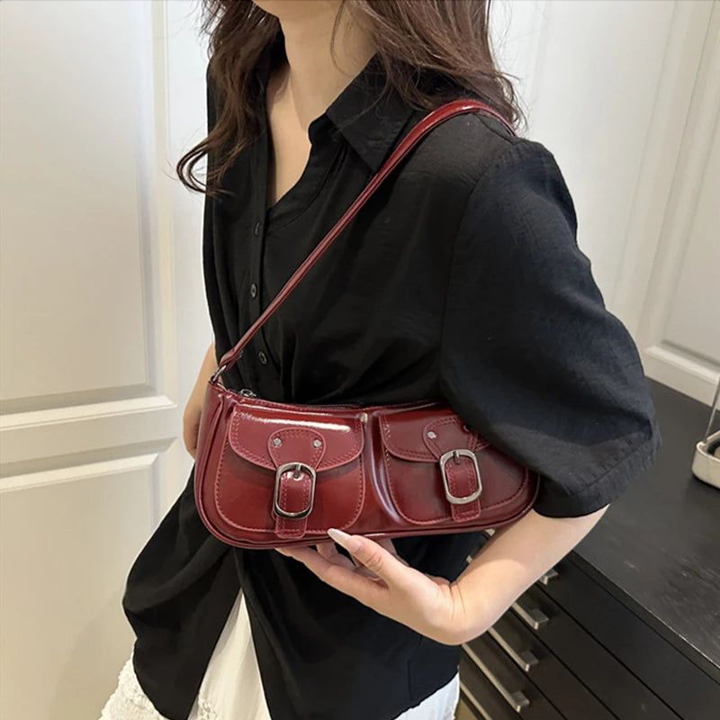 Fashion Pu Leather Women's Shoulder Bag Small Double Pocket Design Ladies Underarm Bags Y2k Vintage Female Handbags Clutch Purse