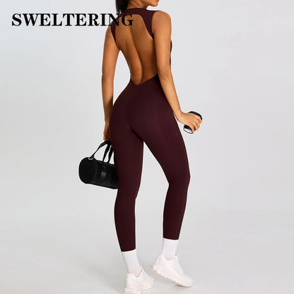 Summer Women Sleeveless Back Hollow Jumpsuit Fitness Sport Bodysuit Yoga Clothing Female Breathable Gym Overalls Workout Clothes