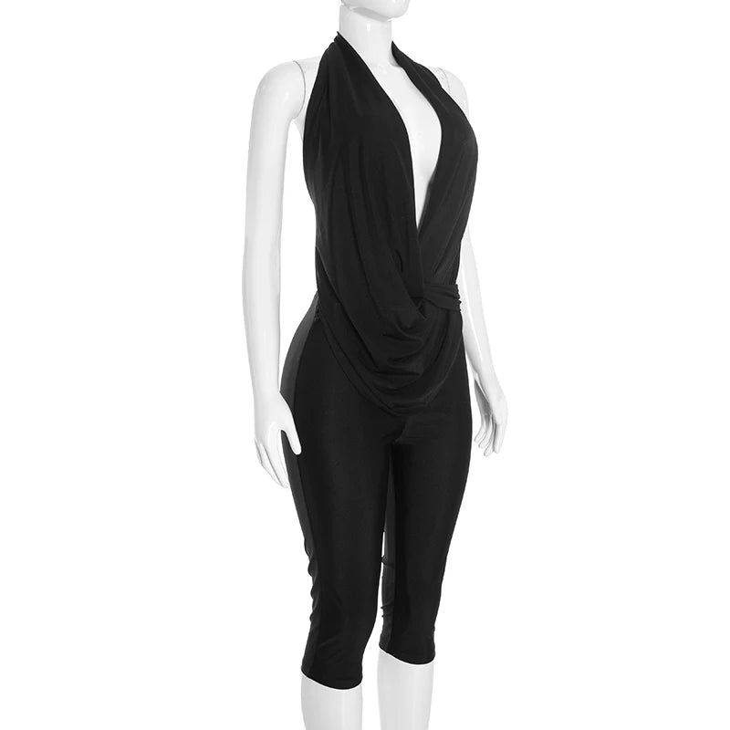 Solid color sleeveless hanging neck, backless strap, slim fit seven inch long jumpsuit