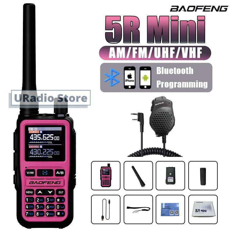 Baofeng UV-5R Mini Walkie Talkie BF-5R Mini Ham Two Way Radio Pink Dual Display USB-C 999 Channel AM For Camping Hiking Hunting