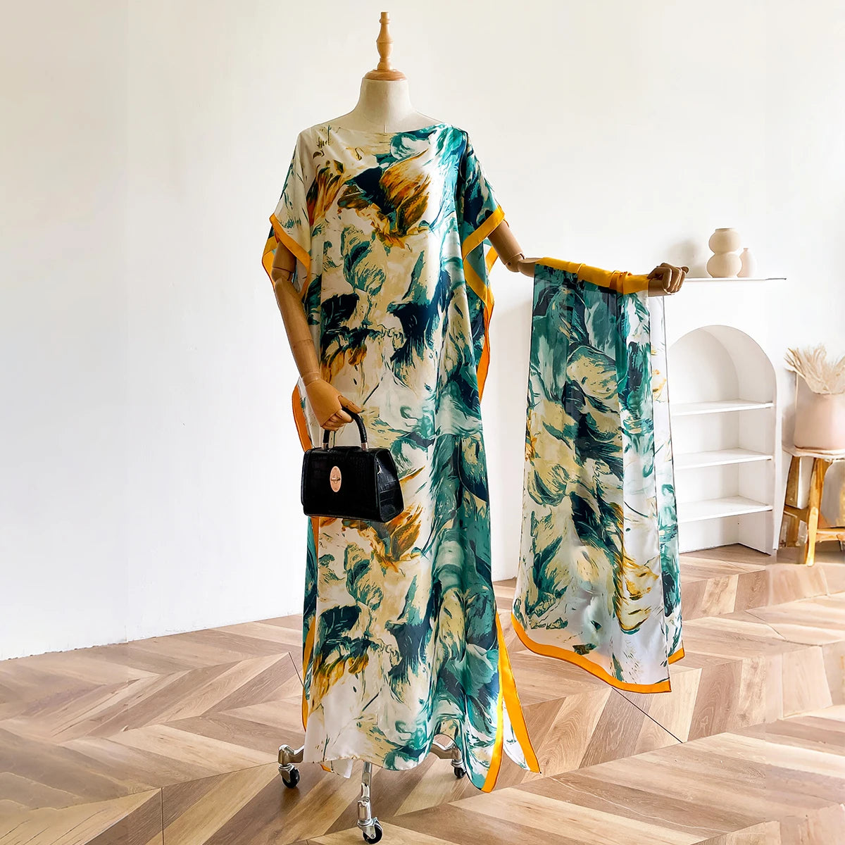 2025 New African Fashion Short Sleeve Colored Pattern Dubai Women Summer Real Silk Soft Printing Loose Tradition Muslim Dress