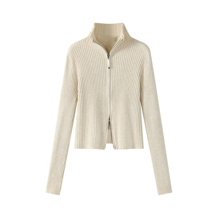 2026 Women's Autumn Winter Knit Cardigan Versatile Office Slim Flattering Cropped Zip-Up Sweater Korean Long Sleeve Outerwear