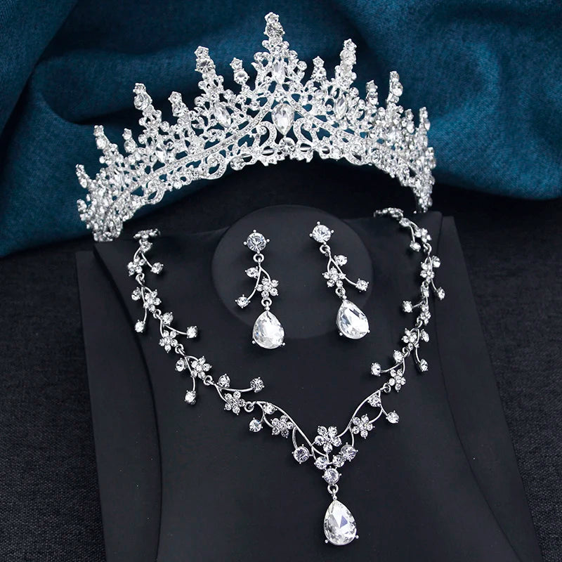 Elegant Silver Color Crystal Bridal Jewelry Sets Princess Tiara Crown and Necklace Earrings Sets for Bridal Wedding Prom Gifts