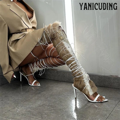 Fur Hide Lace up Sandal Boots Brown White Thigh High Elastic Cord Lace up Ties Summer Boots Sexy Novelty Designer Style Sandals