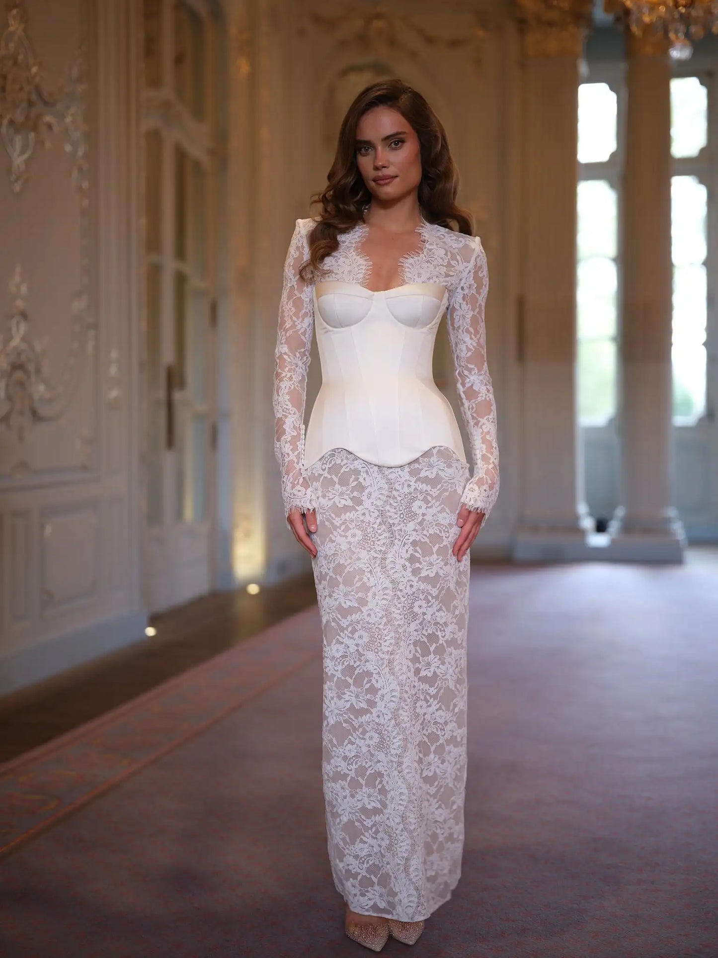 Elegant White Lace Corset Dress For Women Chic Bustier Top Long Sleeve Sheer Lace Maxi Gown 2026 New Lady Date Party Vestidos