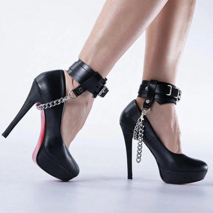 UYEE Ankle Belt Black Ankle Safety Belt Sexy Women Black Harness Belt Faux Leather Footcuffs Ankle Chain