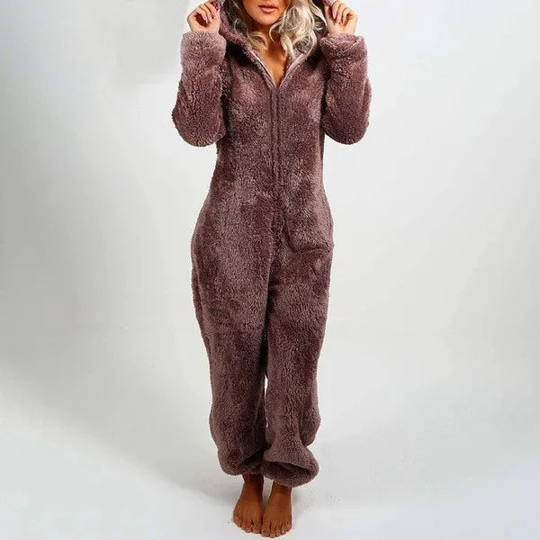 Casual Cute Women's Thick Warm Furry Jumpsuit One-Piece Solid color Hooded Pants Set Home Wear Comfortable Jumpsuits Overall
