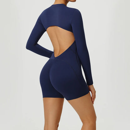 Women V-Back Sports Overalls Zipper Workout Jumpsuit Gym Fitness Suits Sports Bodysuits Female Running Tracksuit Sportswear