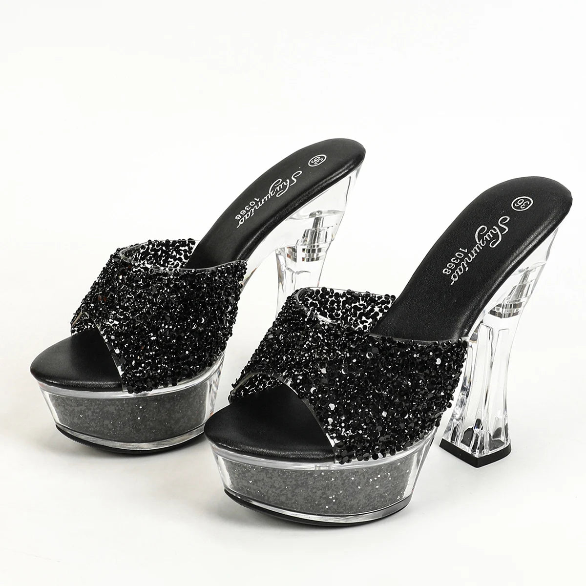 Women Slippers 14CM Luxury Party Shoes Designer Transparent Platform Summer High Heels 2024 New Glitter Sequined Stage Sandals