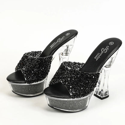 Women Slippers 14CM Luxury Party Shoes Designer Transparent Platform Summer High Heels 2024 New Glitter Sequined Stage Sandals
