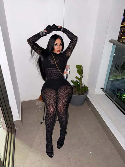 Women's Jumpsuits Lace See Through Mesh Stretch Rompers Sexy One Piece Backless Bodycon Jumpsuit Night Out Club Party Wear