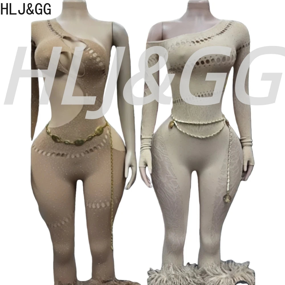 HLJ&GG Sexy Sparkling Rhinestone Hollow Bodycon One Piece Jumpsuits Women One Shoulder Long Sleeve Slim Playsuit With Chain 2025