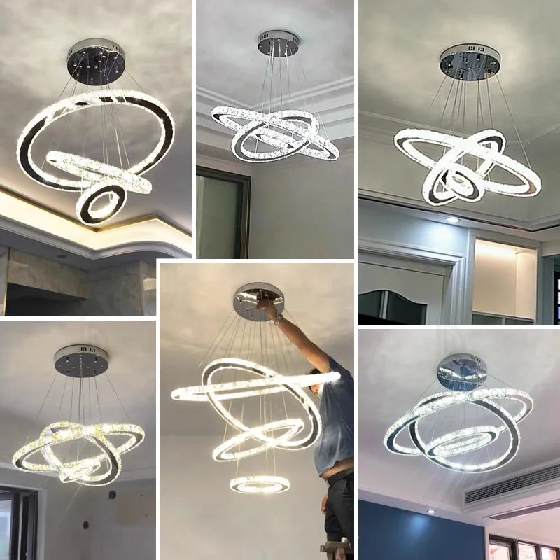 Modern LED Luxury Crystal Chandelier Villa Staircase Living Room Dimming Circular Gold Chandelier Home Lighting Indoor Light