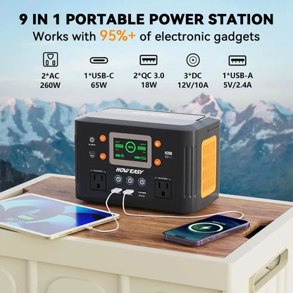 260W Portable Power Station, 500W Peak Solar Generator, 65W PD, 110V AC, 48000mAh Backup Battery for Camping Travel Emergency
