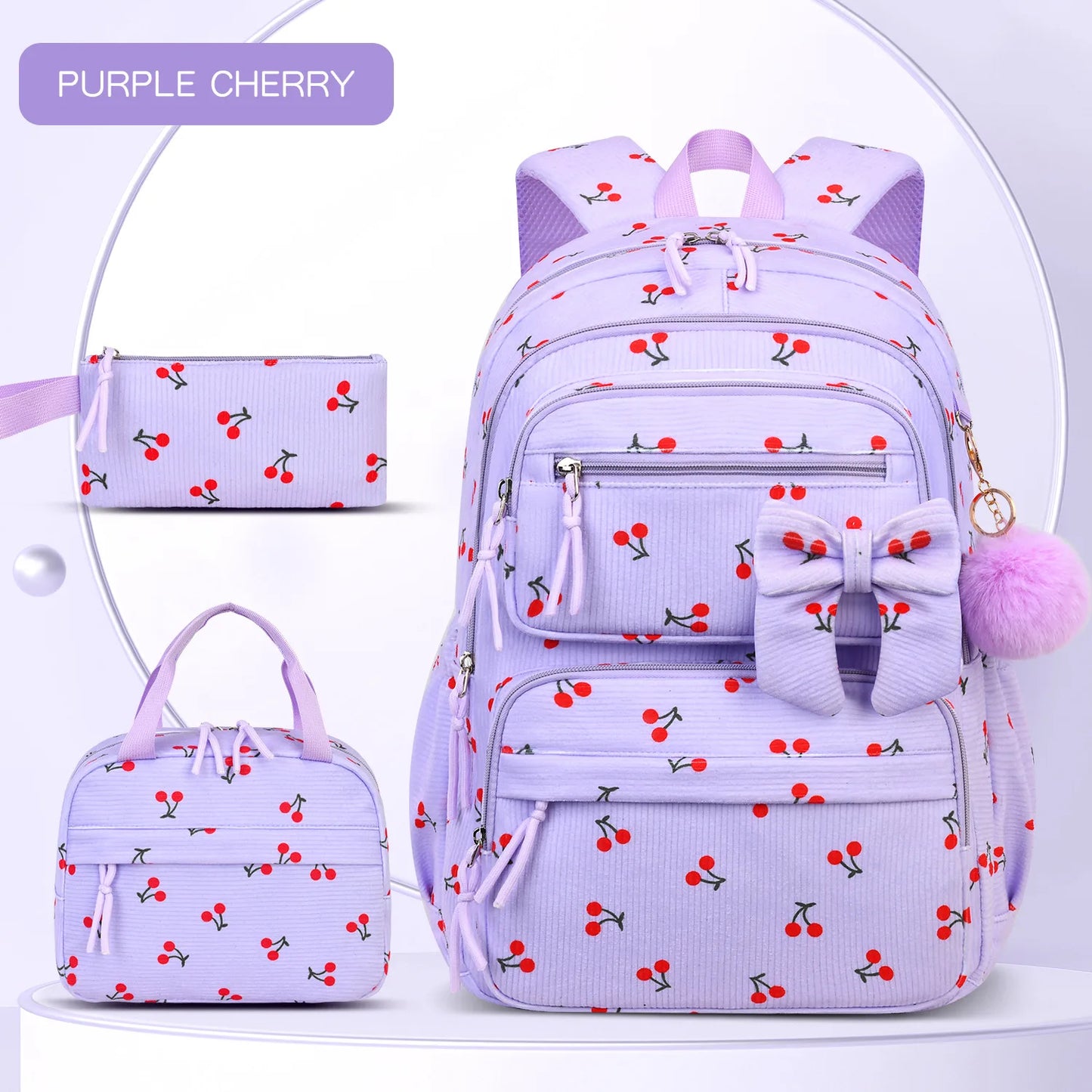 2026 High Quality Corduroy Three Piece Backpack with Cherry Pattern Princess Large Capacity Lightweight School Bag mochilas