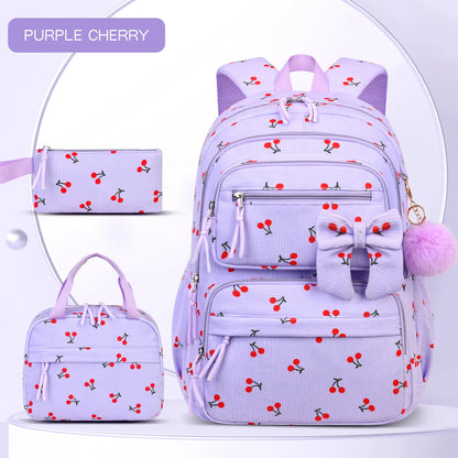 2026 High Quality Corduroy Three Piece Backpack with Cherry Pattern Princess Large Capacity Lightweight School Bag mochilas