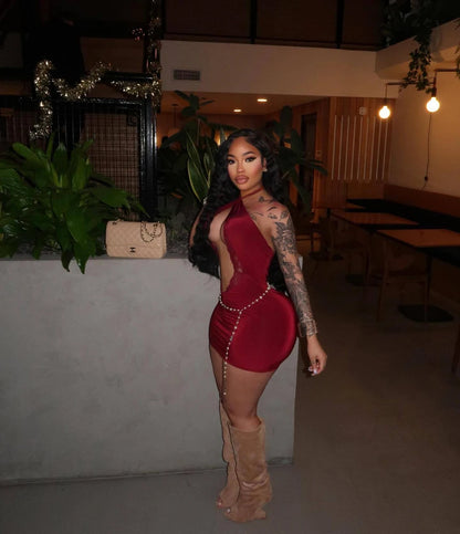 Sexy Women Dresses Halter Neck Lace Trim Front Hollow Sleeveless Skinny Clothing Midnight Club Party Bodycon Short Dress