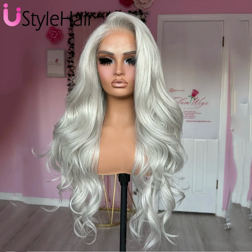Light Silver Grey Lace Front Wig Long Body Wave Synthetic Hair Daily Wear Ash Platinum Wigs 13x4 Glueless Heat Resistant Fiber