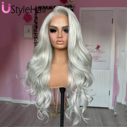 Light Silver Grey Lace Front Wig Long Body Wave Synthetic Hair Daily Wear Ash Platinum Wigs 13x4 Glueless Heat Resistant Fiber