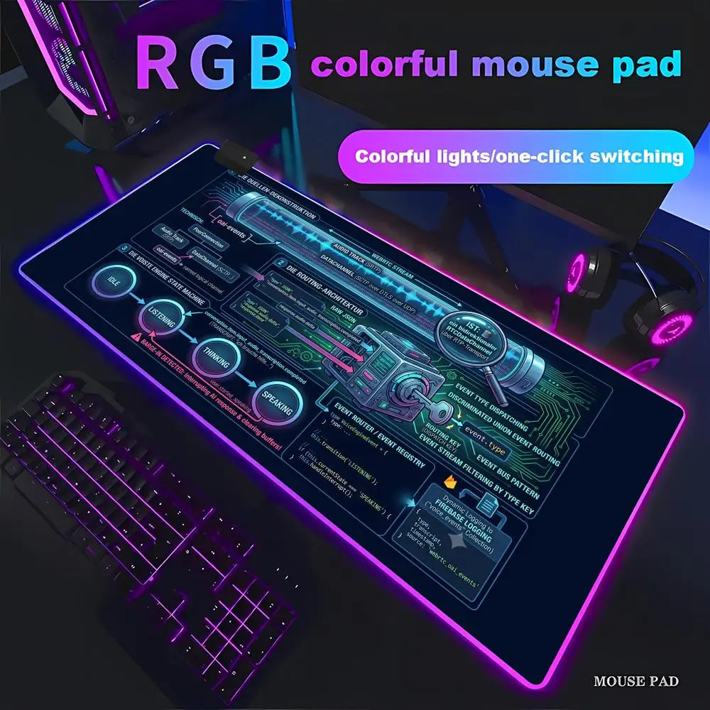 HYBXAXC Large Gaming Mouse Pad Futuristic Tech UI Neon Non Slip Desk Mat for PC Gamer RGB Gaming Mouse Pad HD Large LED Light