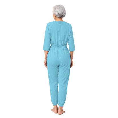 Women's Elderly Anti-Strip Adaptive Jumpsuit Back Legs Zip Long Sleeve Long Pants Nursing Rompers for Special Needs Disabilities