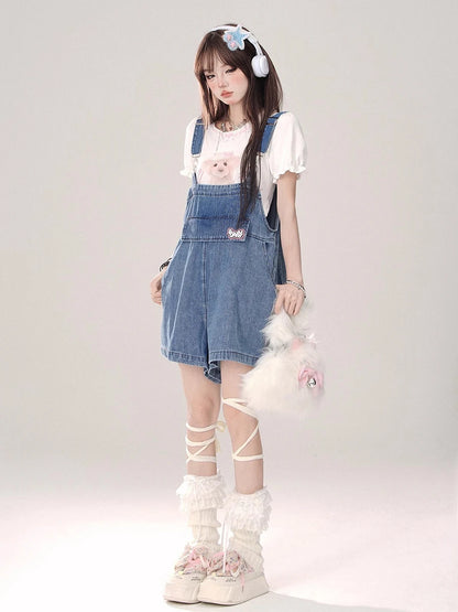 REDDACHiC Denim Blue Bunny Ears Rompers Women Star Rivets Sleeveless Wide Leg Solid Casual Overall Shorts Jumpsuit Streetwear