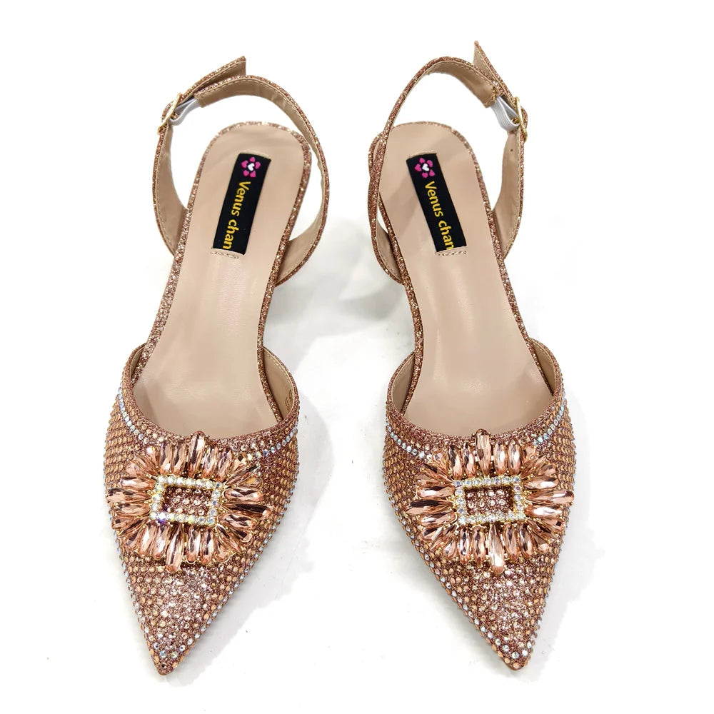 2025 Nigerian Women's Party Shoes and Bags Medium Heel Pointed Toe Elegant Party Footwear With Matching Color Handbag for Women