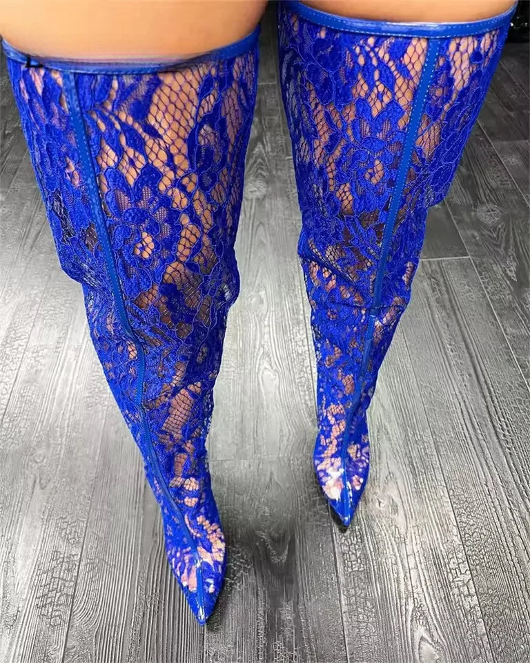 Spring Women Lace With PVC Thigh High Boots Sexy Pointed Toe Stiletto High Heels Transparent Over The Knee Boots Bigger Size 44