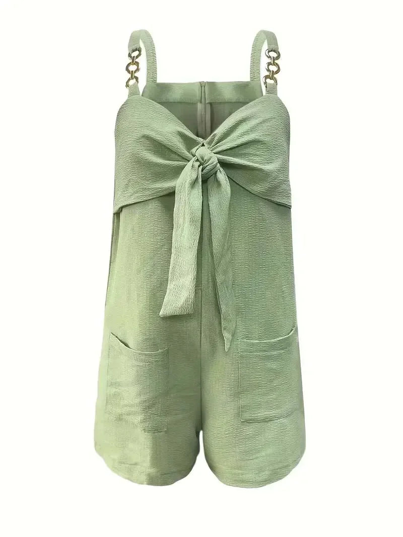 Women Summer Casual Short Rompers Elegant Solid Sleeveless Tie Knot Strap Jumpsuits Vintage Harajuku Loose Overalls with Pockets