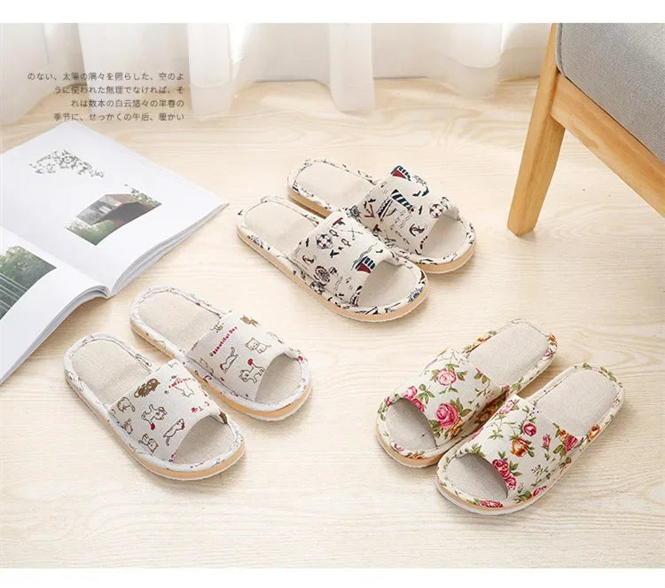 Four Season Linen Home Slippers Women Autumn Indoor Casual Floral Slides Couples House Non-slip Sandals Adults Cartoon Cat Shoes