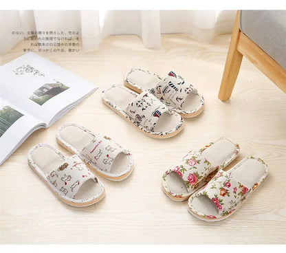 Four Season Linen Home Slippers Women Autumn Indoor Casual Floral Slides Couples House Non-slip Sandals Adults Cartoon Cat Shoes