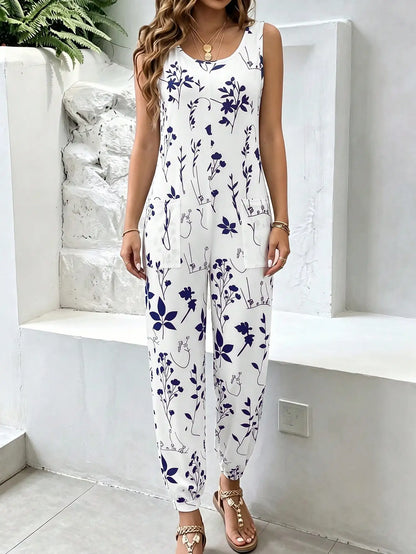 Women's Navy Floral Plant Print Sleeveless Jumpsuit, Round Neck Casual Jogger Romper with Pockets, Summer Outfit