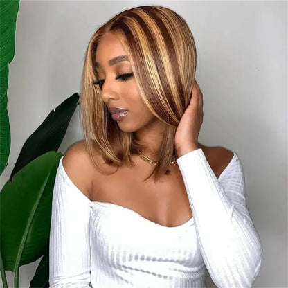 Highlight 13x4 Lace Front Bob Wig Human Hair P4/27 Honey Blonde Straight Bob Wig Human Hair Pre Plucked with Baby Hair