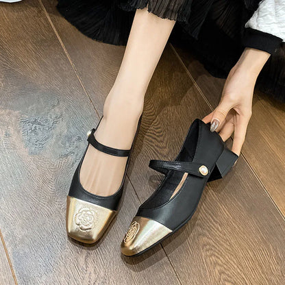 Fashion Mary Jane Women's Shoes 3cm Wide Heel Pumps Embroidered Flowers Pearl Buckle Strap Mary Jane Shoes Luxury Leather Heels